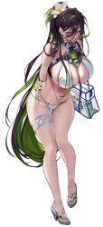 1girl alternate_costume bare_shoulders bikini black_hair breasts cleavage flower full_body goddess_of_victory:_nikke green_hair guilty_(nikke) guilty_(wave_of_disbelief)_(nikke) hair_between_eyes hair_flower hair_ornament high_heels huge_breasts long_hair multicolored_hair navel official_alternate_costume official_art ponytail swimsuit thigh_strap transparent_background two-tone_hair white_bikini