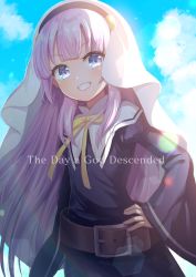Rule 34 | 1girl, belt, belt buckle, black dress, blue eyes, blue sky, bow, brown belt, buckle, cloud, cloudy sky, commentary request, day, dress, english text, grin, habit, hand on own hip, highres, juliet sleeves, kamisama ni natta hi, long hair, long sleeves, looking at viewer, nakamura hinato, nun, outdoors, pink hair, puffy sleeves, satou hina (kamisama ni natta hi), sky, smile, solo, v-shaped eyebrows, veil, very long hair, yellow bow