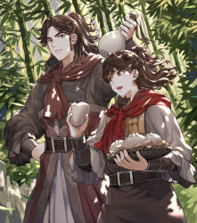 Rule 34 | :d, absurdres, belt, bracer, brown eyes, brown hair, character request, copyright request, day, dumpling, ear piercing, food, forest, hand on own hip, highres, holding, holding food, jun (navigavi), liaoyuan huo, long hair, nature, open mouth, outdoors, piercing, ravages of time, smile, standing, xiaomeng