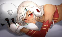 Rule 34 | 1girl, altera (fate), altera the santa (fate), bare shoulders, belt bra, bra, bright pupils, closed mouth, commentary request, dark-skinned female, dark skin, detached sleeves, earmuffs, fate/grand order, fate (series), i-pan, looking at viewer, lying, mittens, on stomach, red bra, red eyes, sheep, short hair, smile, solo, underwear, veil, white hair, white mittens