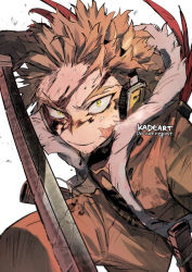 Rule 34 | 1boy, black shirt, blonde hair, boku no hero academia, bomber jacket, brown jacket, brown pants, chipped sword, costume, dirty, face, facial hair, facial mark, feathered wings, feathers, fighting stance, forked eyebrows, fur-trimmed jacket, fur trim, goatee, hawks (boku no hero academia), headphones, high collar, holding, holding sword, holding weapon, jacket, kadeart, katana, long eyebrows, looking at viewer, male focus, pants, red feathers, red wings, scar, scar on face, sheath, shirt, short hair, solo, striped clothes, striped shirt, stubble, sword, thick eyebrows, tight clothes, tight shirt, twitter username, weapon, wings, yellow eyes