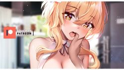 Rule 34 | 1girl, bare shoulders, blonde hair, blurry, blurry background, blush, breasts, cleavage, disembodied limb, finger in another&#039;s mouth, genshin impact, head tilt, heart, heart-shaped pupils, indoors, looking at viewer, lumine (genshin impact), open mouth, short hair with long locks, solo focus, squchan, symbol-shaped pupils, tongue, tongue out, upper body, yellow eyes