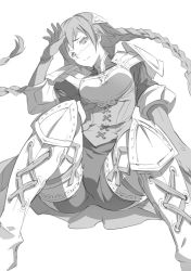 Rule 34 | 1girl, akira (coffee curry), armor, artdink, boots, braid, greyscale, monochrome, ravness loxaerion, shoulder pads, solo, spread legs, tactics ogre, thigh boots, thighhighs, twin braids