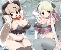 Rule 34 | 2girls, armpits, arms up, bikini, black bikini, black sleeves, blonde hair, blush, breasts, brown eyes, brown hair, cleavage, closed mouth, commentary request, detached sleeves, elbow gloves, feet out of frame, fins, frilled bikini, frills, gloves, grey gloves, grey hair, grey thighhighs, head fins, highres, huge breasts, kemono friends, lets0020, long hair, looking at viewer, medium bangs, multicolored hair, multiple girls, navel, open mouth, orange scarf, pink scarf, ripples, scarf, smile, steller&#039;s sea lion (kemono friends), swimsuit, teeth, thighhighs, upper teeth only, walrus (kemono friends), water