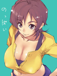 Rule 34 | 00s, 1girl, amaha masane, aqua background, blouse, breasts, brown eyes, brown hair, cleavage, covered erect nipples, huge breasts, mature female, shirt, short hair, simple background, solo, witchblade, yellow shirt, yurikawa