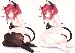 Rule 34 | 1girl, ahoge, animal ears, ass, bare arms, bare legs, bare shoulders, barefoot, blush, breasts, brown eyes, cat ears, cat tail, crossed legs, full body, lilianei, lingerie, looking at viewer, medium breasts, original, red hair, sideboob, sitting, tail, thighhighs, underwear