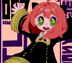 Rule 34 | 1girl, ahoge, anya (spy x family), arms up, black dress, blush, child, dmebgsa3, dress, green eyes, hair ornament, looking at viewer, medium hair, open mouth, outstretched arms, pink background, ringed eyes, shirt, smile, solo, spread arms, spy x family, teeth, upper body, upper teeth only, white shirt