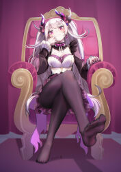 Rule 34 | 1girl, artist name, black pantyhose, breasts, cleavage, closed mouth, crossed legs, dress, earrings, eyelashes, feet, foreshortening, frilled dress, frills, full body, grey hair, hair ornament, hands up, highres, horns, indie virtual youtuber, jewelry, large breasts, legs, long hair, looking at viewer, nail polish, no shoes, pantyhose, pointy ears, puffy sleeves, purple background, purple eyes, purple nails, rhodeia (vtuber), shadow, short eyebrows, sitting, smile, soles, solo, toenail polish, toenails, toes, very long hair, virtual youtuber, yamauchi (conan-comy)