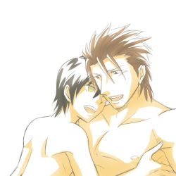 Rule 34 | 2boys, age difference, alvin (tales), bara, bare arms, bare shoulders, black hair, brown hair, couple, hug, jude mathis, kayu (ichigogayu), leaning back, leaning forward, looking at another, male focus, multiple boys, muscular, nipples, nude, one eye closed, open mouth, smile, tales of (series), tales of xillia, tales of xillia 2, wink, yaoi, yellow eyes