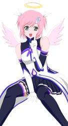 Rule 34 | 00s, 1girl, angel wings, aqua eyes, arm support, bare shoulders, crescent, crescent hair ornament, detached sleeves, elbow gloves, estellise sidos heurassein, gloves, green eyes, hair ornament, halo, highres, index finger raised, looking at viewer, miniskirt, nee ssu, official alternate costume, pink hair, pleated skirt, short hair, simple background, sitting, skirt, smile, solo, tales of (series), tales of vesperia, thighhighs, two side up, white background, wings, zettai ryouiki