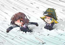 10s 2girls akiyama_yukari black_gloves blonde_hair blush brown_eyes brown_hair cold crying erwin_(girls_und_panzer) girls_und_panzer gloves hat jacket long_sleeves military_hat multiple_girls peaked_cap sailor_collar school_uniform shinapuu short_hair smile snow snowing tears trembling triangle_mouth