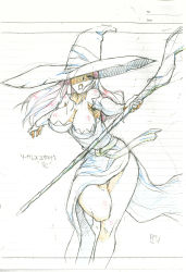 Rule 34 | 1girl, absurdres, bare shoulders, breasts, detached sleeves, dragon&#039;s crown, dress, female focus, hat, hat over one eye, highres, large breasts, long hair, one eye covered, partially colored, side slit, sketch, solo, sorceress (dragon&#039;s crown), staff, strapless, strapless dress, vanillaware, white background, witch hat, yamazaki masakazu