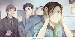 Rule 34 | 4boys, :d, black jacket, black neckwear, blue jacket, blue shirt, blurry, blurry background, brown eyes, brown hair, character name, closed eyes, closed mouth, collared shirt, cup, green neckwear, holding, holding cup, jacket, looking back, male focus, meitantei conan, monicanc, multiple boys, necktie, open mouth, shirt, smile, sweatdrop, tears, wing collar, yamamura misao