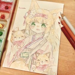 Rule 34 | 1girl, animal, animal ear fluff, animal ears, arknights, art tools in frame, blonde hair, character name, colored tips, commentary, flower, fox, fox ears, fox girl, green eyes, hair flower, hair ornament, hairband, haru (aona1122), highres, japanese clothes, kimono, looking at viewer, multicolored hair, official alternate costume, one-hour drawing challenge, open mouth, pink kimono, red hairband, solo, suzuran (arknights), suzuran (yukibare) (arknights), traditional media, two-tone hair, white hair
