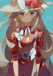 Rule 34 | 1girl, belt, blue background, blue eyes, blush, bow, braid, brown hat, collared dress, commentary request, dress, flower, hair bow, hat, hat flower, highres, light brown hair, long hair, looking at viewer, neck ribbon, original, parted lips, potg (piotegu), red dress, red flower, red rose, ribbon, rose, short sleeves, signature, simple background, solo, sun hat, twin braids, upper body, very long hair, white bow, white ribbon