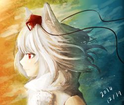 Rule 34 | 1girl, animal ears, bare shoulders, dated, gradient background, hat, inubashiri momiji, looking away, nakaya (pixiv2496296), pom pom (clothes), profile, red eyes, short hair, silver hair, solo, tokin hat, touhou, wolf ears