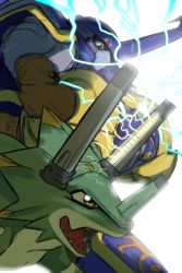 Rule 34 | absurdres, blitzmon, digimon, dinosaur, electricity, highres, horn, looking at another, sharp teeth, teeth, wezengammamon, yellow eyes
