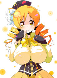 Rule 34 | 10s, 1girl, beret, blonde hair, breasts, drill hair, fingerless gloves, gloves, hat, highres, large breasts, magical girl, mahou shoujo madoka magica, mahou shoujo madoka magica (anime), puffy sleeves, solo, sw (taco), tomoe mami, twintails, yellow eyes