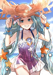 Rule 34 | 1girl, absurdres, blue eyes, blue hair, blue sky, blue one-piece swimsuit, blurry, blurry background, blush, braid, casual one-piece swimsuit, collarbone, cowboy shot, day, dress, granblue fantasy, grin, hakamii, hat, highres, long hair, looking at viewer, lyria (daughter of pearl) (granblue fantasy), lyria (granblue fantasy), ocean, one-piece swimsuit, outdoors, purple ribbon, ribbon, short dress, sketch, sky, sleeveless, sleeveless dress, smile, solo, standing, strapless, strapless dress, straw hat, sun hat, swimsuit, twintails, very long hair, wrist ribbon