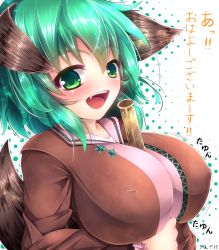 Rule 34 | 1girl, alternate breast size, animal ears, artist name, bamboo, between breasts, blush, breasts, covered erect nipples, fang, female focus, ginzake (mizuumi), green eyes, green hair, kasodani kyouko, large breasts, long sleeves, matching hair/eyes, open mouth, short hair, signature, smile, solo, tail, text focus, touhou, translation request