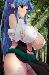Rule 34 | 1girl, blue eyes, blue hair, bow, breast suppress, breasts, cowboy shot, curvy, covered erect nipples, forest, hair bow, hair ribbon, highres, large breasts, leaf, light rays, long hair, matching hair/eyes, namamo (kura), nature, navel, original, outdoors, panties, plump, pointy ears, ponytail, ribbon, sagging breasts, sash, shadow, skindentation, solo, standing, sunbeam, sunlight, tree, underwear, white panties