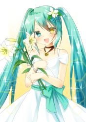 Rule 34 | 1girl, :d, amane (amnk1213), aqua eyes, aqua hair, bell, bracelet, dress, flower, hair flower, hair ornament, hatsune miku, heterochromia, holding, holding flower, jewelry, jingle bell, lily (flower), long hair, looking at viewer, open mouth, smile, solo, sparkle, twintails, very long hair, vocaloid, white dress, yellow eyes