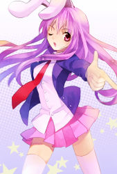 Rule 34 | 1girl, animal ears, circle, cowboy shot, finger gun, formal, halftone, halftone background, highres, long hair, looking at viewer, necktie, one eye closed, open mouth, pink eyes, pleated skirt, purple hair, q-chiang, rabbit ears, red necktie, reisen udongein inaba, shirt, skirt, solo, star (symbol), suit, thighhighs, touhou, white shirt, white thighhighs