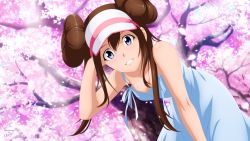 Rule 34 | 1girl, bare arms, blue dress, blue eyes, brown hair, cherry blossoms, commentary request, creatures (company), derivative work, double bun, dress, game freak, hair bun, highres, leaning forward, long hair, looking at viewer, nintendo, pokemon, pokemon bw2, rosa (pokemon), shugo19, sleeveless, sleeveless dress, solo, visor cap
