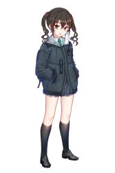 Rule 34 | 1girl, absurdres, adjusting mask, backpack, bag, black footwear, black socks, blush, breasts, brown eyes, brown hair, commentary request, dot nose, full body, green necktie, grey jacket, grey skirt, hair between eyes, hands in pockets, highres, idolmaster, idolmaster cinderella girls, idolmaster cinderella girls starlight stage, jacket, kim nico, loafers, long hair, long sleeves, looking at viewer, mask, miniskirt, mole, mole under eye, mouth mask, necktie, open mouth, pleated skirt, school uniform, sharp teeth, shirt, shoes, skirt, small breasts, socks, solo, standing, striped necktie, sunazuka akira, surgical mask, teeth, twintails, unworn mask, upper teeth only, white shirt, zipper, zipper pull tab