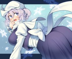 Rule 34 | 1girl, ass, blush, bow, breasts, dated, hat, iroyopon, large breasts, letty whiterock, long sleeves, looking at viewer, open mouth, purple eyes, short hair, signature, silver hair, smile, snowflakes, solo, teeth, touhou, upper teeth only, wavy hair, white bow, white hat