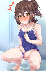 Rule 34 | 1girl, blush, brown eyes, brown hair, caught, censored, clothing aside, highres, idolmaster, idolmaster cinderella girls, kasuga mirai, looking at viewer, machismo fuji, open mouth, peeing, puddle, pussy, school swimsuit, solo, squatting, swimsuit, swimsuit aside
