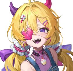 Rule 34 | 1girl, blonde hair, blush, broken heart print, cupcake, eyepatch, fangs, food, hair ornament, hairpin, highres, horns, jewelry, lerome, looking at viewer, makeup, mascara, necklace, open mouth, original, overalls, purple eyes, ribbon, smile, solo, strap, twintails