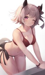 Rule 34 | 1girl, ;), absurdres, animal ears, bikini, black bikini, bow, breasts, collarbone, curren chan (umamusume), ear bow, ear covers, grey hair, hazuki lime, highres, horse ears, horse tail, looking at viewer, medium breasts, navel, one eye closed, pink eyes, red bikini, short hair, simple background, smile, solo, striped, striped bow, swimsuit, tail, thigh gap, thighs, two-tone bikini, umamusume, wet, white background