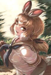 Rule 34 | 1girl, animal ears, brown eyes, brown hair, elbow gloves, extra ears, gloves, highres, japanese hare (kemono friends), kemono friends, long hair, looking at viewer, multicolored hair, okyao, rabbit ears, rabbit girl, rabbit tail, ribbon, sailor collar, school uniform, skirt, solo, tail, two-tone hair, upper body, white hair