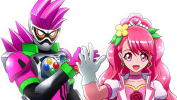 Rule 34 | armor, brooch, coat, commentary request, crossover, cure grace, earrings, gloves, healin&#039; good precure, helmet, highres, jewelry, kamen rider, kamen rider ex-aid, kamen rider ex-aid (series), pink eyes, pink hair, ponzu (anagosan02), precure, trait connection