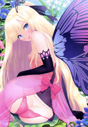Rule 34 | 1girl, :p, absurdres, ass, bare shoulders, blonde hair, blue eyes, breasts, butt crack, butterfly wings, copyright request, covered erect nipples, elbow gloves, flower, from behind, gloves, hair ribbon, highres, insect wings, long hair, looking at viewer, looking back, one side up, panties, perky breasts, pink panties, purple gloves, ribbon, scan, see-through, sitting, solo, string panties, tongue, tongue out, tony taka, underwear, very long hair, wings, yokozuwari