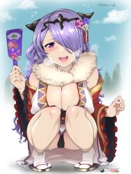 Rule 34 | 1girl, bare shoulders, blade ride, blue sky, blush, breasts, camilla (fire emblem), cleavage, cloud, fire emblem, fire emblem fates, fur collar, hair ornament, hair over one eye, highres, japanese clothes, kimono, knees, knees to chest, large breasts, long hair, long sleeves, looking at viewer, nintendo, open mouth, panties, pantyshot, purple eyes, purple hair, sky, slippers, smile, socks, solo, squatting, sweat, teeth, tree, underwear, upper teeth only, upskirt