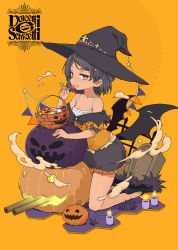 Rule 34 | 1girl, aka ringo, basket, bat wings, black footwear, black hair, black hat, black skirt, candle, candy, collarbone, fang, food, full body, green eyes, halloween, halloween costume, hat, highres, holding, holding candy, holding food, jack-o&#039;-lantern, kantai collection, mary janes, open mouth, orange background, scirocco (kancolle), shoes, short hair, skirt, smile, solo, tombstone, turret, wings, witch hat