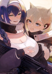 Rule 34 | 2girls, aaoshigatoutoi, absurdres, animal ears, blue eyes, blue hair, braid, breasts, bullpup, cleavage, commentary request, double-barreled shotgun, dp-12 (girls&#039; frontline), earpiece, fang, girls&#039; frontline, grey eyes, grey hair, gun, hair between eyes, hair over shoulder, highres, jacket, jewelry, ksvk (girls&#039; frontline), large breasts, long hair, long sleeves, looking at another, mother and daughter, multiple-barrel firearm, multiple girls, open mouth, pump-action shotgun, pump action, ring, shotgun, side-by-side-barreled shotgun, skin fang, smile, standard manufacturing dp-12, weapon