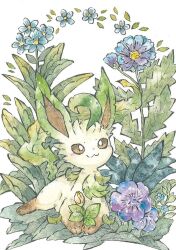 Rule 34 | :3, animal focus, blue flower, blush, brown sclera, closed mouth, colored sclera, creatures (company), flower, full body, game freak, gen 4 pokemon, happy, highres, leaf, leafeon, light blush, looking up, lying, nintendo, no humans, notched ear, on stomach, orange flower, petals, plant, pokemon, pokemon (creature), purple flower, rai (rai kw), simple background, smile, solo, split mouth, white background, white eyes