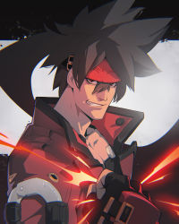 Rule 34 | 1boy, black gloves, brown hair, clenched hand, clothes writing, eviedrws, gloves, guilty gear, guilty gear strive, headband, headgear, highres, jacket, male focus, medium hair, pectorals, red eyes, red headband, red jacket, red vest, smile, sol badguy, solo, upper body, vest