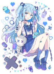 Rule 34 | 1girl, bandaid, bandaid on knee, bandaid on leg, blue bow, blue eyes, blue footwear, blue hair, blue skirt, blue socks, blush stickers, bone hair ornament, bow, cartoon bone, cellphone, chain, collared shirt, commentary, crossed bandaids, cup, detached sleeves, double scoop, drinking glass, food, full body, hair ornament, heart, heart hair ornament, highres, holding, holding phone, ice cream, ice cream cone, knees up, long hair, looking at viewer, nail art, nail polish, original, phone, pixelated, playstation symbols, puffy short sleeves, puffy sleeves, shirt, shoes, short sleeves, simple background, skeleton, skirt, socks, solo, suspender skirt, suspenders, symbol-only commentary, tsukiyo (skymint), two side up, very long hair, white background, white shirt, white sleeves