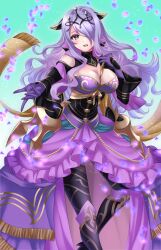 Rule 34 | 1girl, breasts, camilla (alluring darkness) (fire emblem), camilla (fire emblem), cleavage, crown, fake horns, fire emblem, fire emblem fates, fire emblem heroes, hand on own chest, highres, horns, kakiko210, large breasts, long hair, looking at viewer, nintendo, official alternate costume, open mouth, purple eyes, purple hair, smile, solo, wavy hair