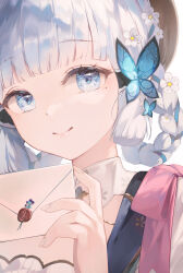 Rule 34 | 1girl, ayaka (genshin impact), blue eyes, blunt bangs, blunt tresses, braid, braided hair rings, butterfly hair ornament, close-up, closed mouth, flower, genshin impact, hair flower, hair ornament, hair rings, hand up, highres, holding, holding letter, jenil, kamisato ayaka, kamisato ayaka (springbloom missive), letter, looking at viewer, mole, mole under eye, official alternate costume, official alternate hairstyle, smile, solo, upper body, white flower, white hair