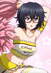 Rule 34 | 1girl, alternate costume, arm behind head, arm up, armband, barefoot, black eyes, black hair, cheerleader, clothes writing, coco&#039;s, commentary, double horizontal stripe, frilled armband, frilled skirt, frills, girls und panzer, glasses, highres, holding, holding pom poms, lace, lace-trimmed shirt, lace trim, leaning forward, logo, looking at viewer, medium hair, messy hair, miniskirt, navel, omachi (slabco), oryou (girls und panzer), pink background, pom pom (cheerleading), pom poms, red-framed eyewear, semi-rimless eyewear, shirt, short ponytail, simple background, skirt, solo, star (symbol), starry background, strapless, thighhighs, tube top, under-rim eyewear, white background, white shirt, white skirt, white thighhighs