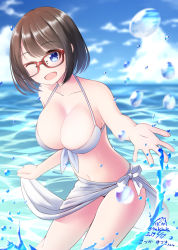 Rule 34 | 1girl, ;d, bare arms, bare shoulders, bikini, blue eyes, blue sky, blurry, blurry background, blush, breasts, brown hair, cleavage, cloud, cloudy sky, collarbone, commentary request, dated, day, detached sleeves, glasses, horizon, large breasts, leaning forward, navel, nekobaka, ocean, one eye closed, open mouth, original, outdoors, red-framed eyewear, sarong, signature, sky, smile, solo, splashing, standing, swimsuit, twitter username, water, water drop, white bikini, white sarong