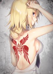 Rule 34 | arm up, back, back focus, back tattoo, bare back, bare shoulders, blonde hair, blouse, braid, breasts, fate/apocrypha, fate (series), from behind, grey background, hair over shoulder, halterneck, hand on own head, jeanne d&#039;arc (fate), jeanne d&#039;arc (ruler) (fate), long hair, looking at viewer, looking back, medium breasts, necktie, parted lips, profile, purple eyes, shirt, sideboob, single braid, sleeveless, sleeveless shirt, solo, tattoo, toosaka asagi