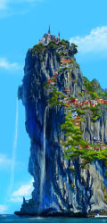 Rule 34 | absurdres, aki (aki k6), blue sky, castle, cliff, commentary request, day, highres, no humans, original, outdoors, scenery, signature, sky, town, water, waterfall