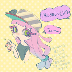 Rule 34 | 1girl, baseball cap, black shirt, blue hair, clownfish, colored eyelashes, colored skin, drooling, eyelashes, fish, gradient hair, green eyes, hand up, harmony (splatoon), hat, light blue hair, long hair, looking to the side, low-tied long hair, motion lines, multicolored hair, multicolored skin, nintendo, no nose, open mouth, pink hair, pink skin, polka dot, polka dot background, purple pupils, shirt, solo, speech bubble, splatoon (series), splatoon 3, striped clothes, striped headwear, tentacle hair, translation request, two-tone hair, two-tone skin, ukata, v, yellow background