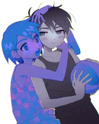 Rule 34 | 2boys, ball, beachball, black eyes, black hair, black tank top, blue eyes, blue hair, commentary, english commentary, half-closed eyes, hand on another&#039;s head, hand on another&#039;s shoulder, highres, holding, holding ball, holding beachball, kel (headspace) (omori), kel (omori), male focus, multiple boys, omori, omori (omori), open mouth, simple background, tank top, thxzmgn, upper body, white background